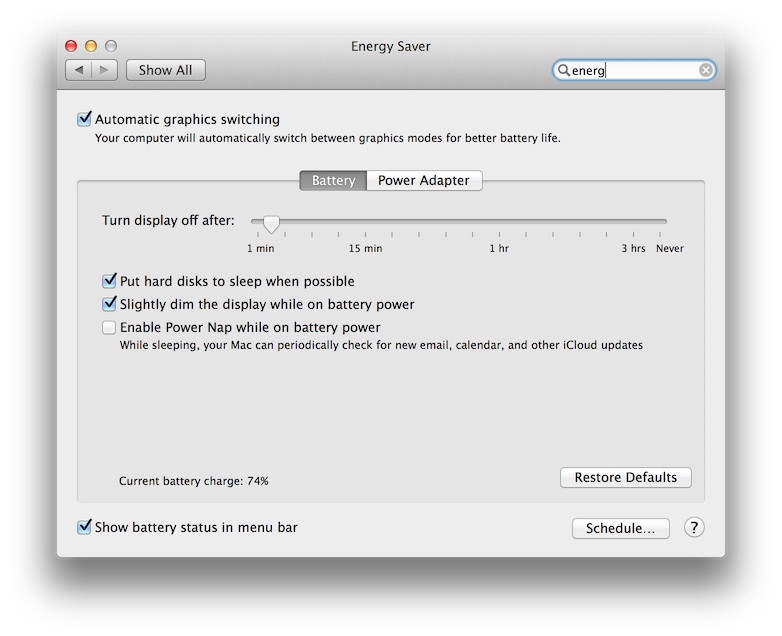 Energy Saver Preferences in OS-X 10.9